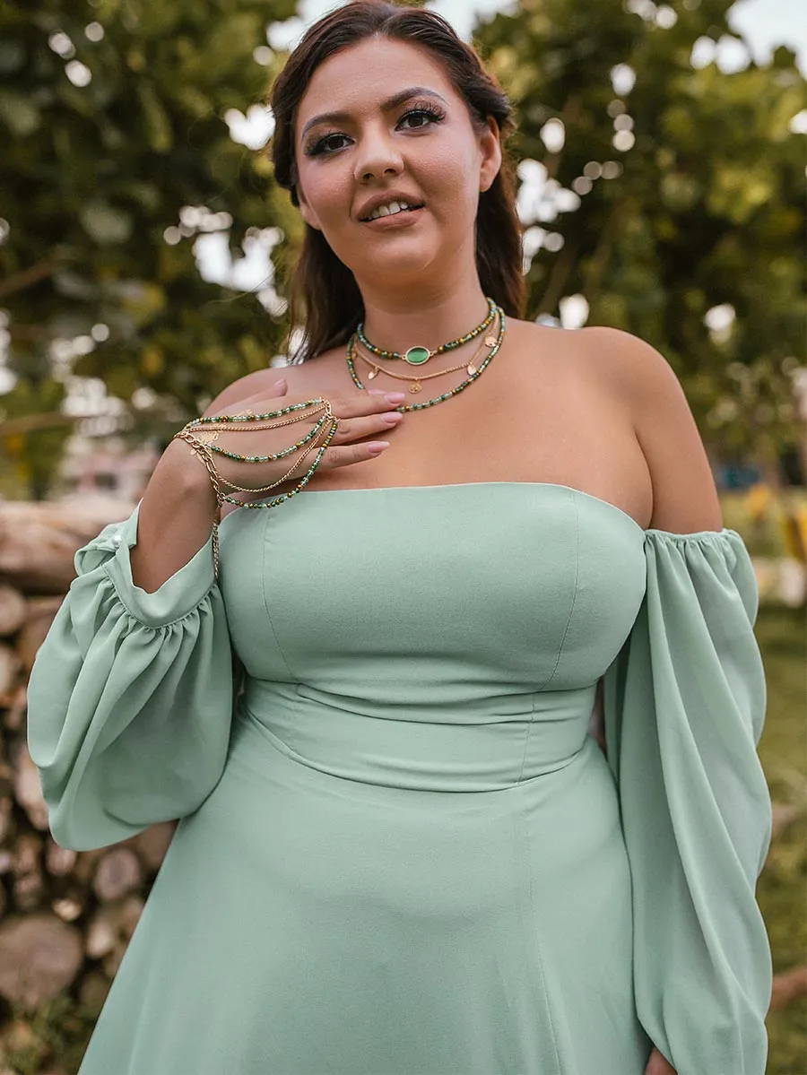 2025 Plus Size Sage Green Bridesmaid Dresses Chiffon Puffed Sleeves