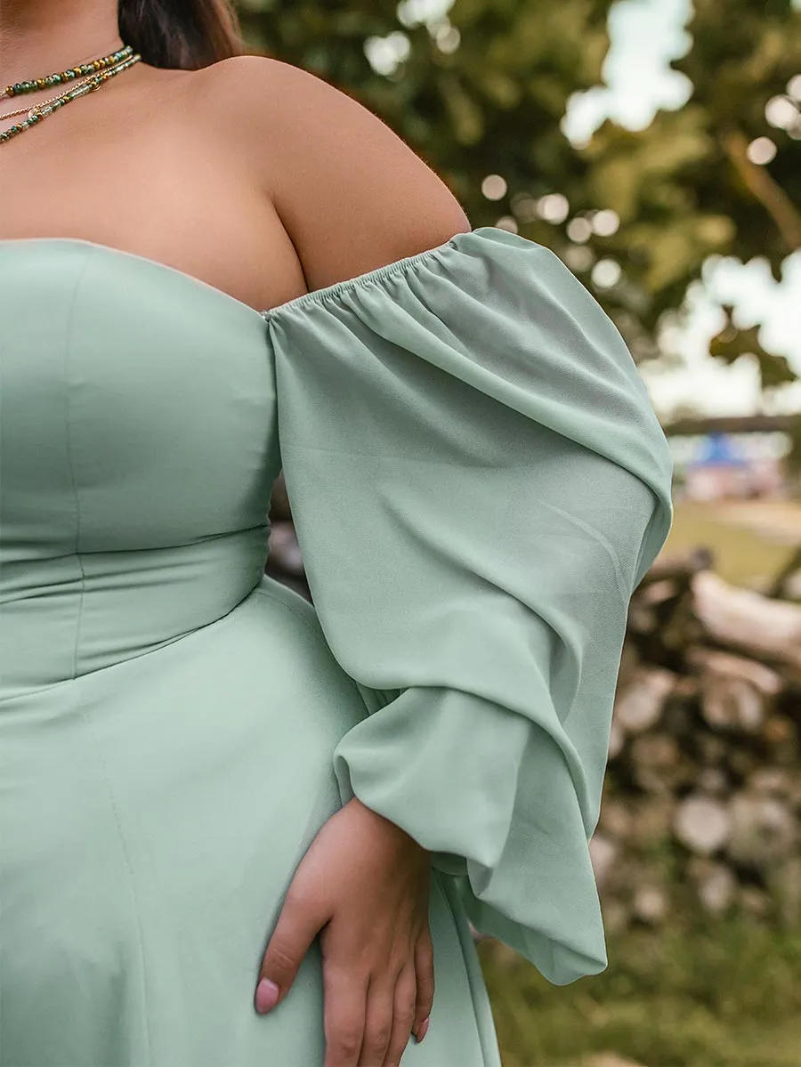 2025 Plus Size Sage Green Bridesmaid Dresses Chiffon Puffed Sleeves