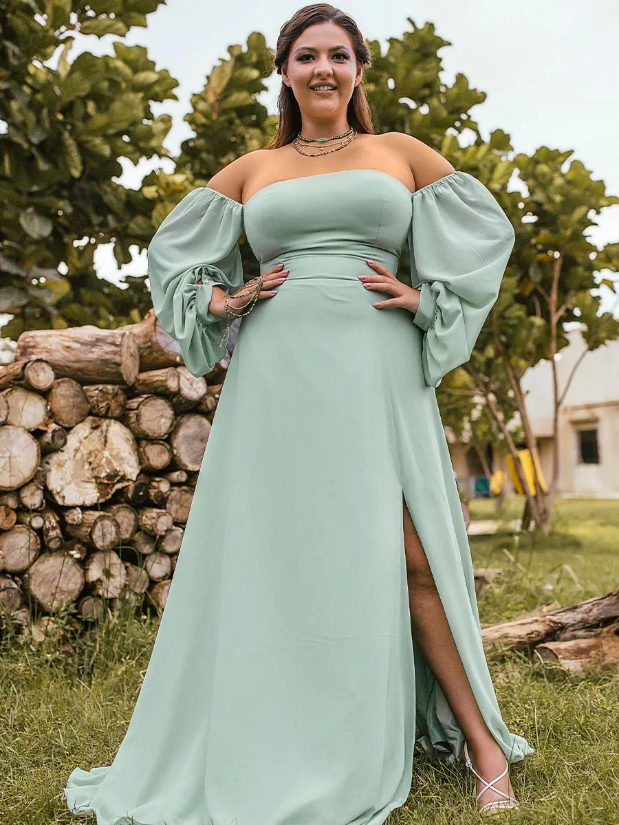 2025 Plus Size Sage Green Bridesmaid Dresses Chiffon Puffed Sleeves