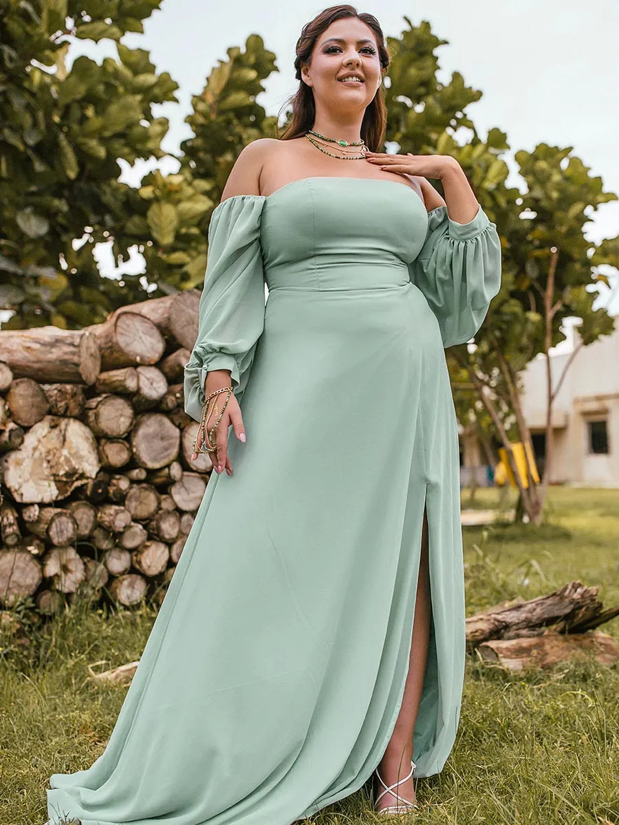2025 Plus Size Sage Green Bridesmaid Dresses Chiffon Puffed Sleeves