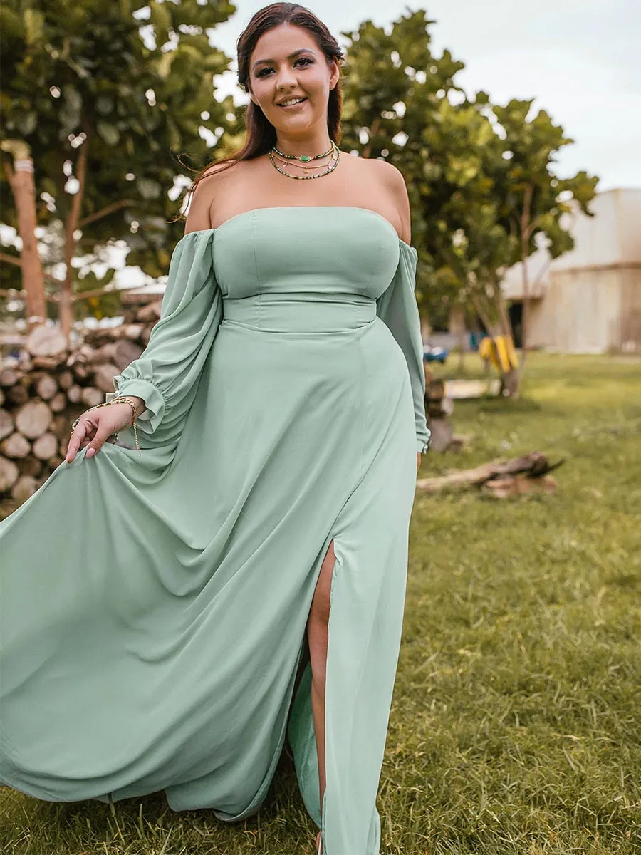 2025 Plus Size Sage Green Bridesmaid Dresses Chiffon Puffed Sleeves