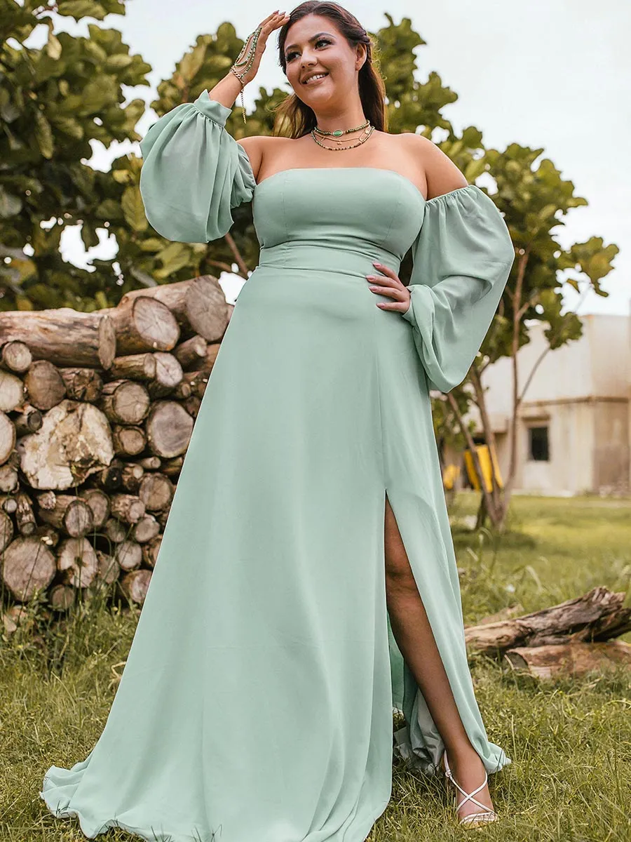2025 Plus Size Sage Green Bridesmaid Dresses Chiffon Puffed Sleeves