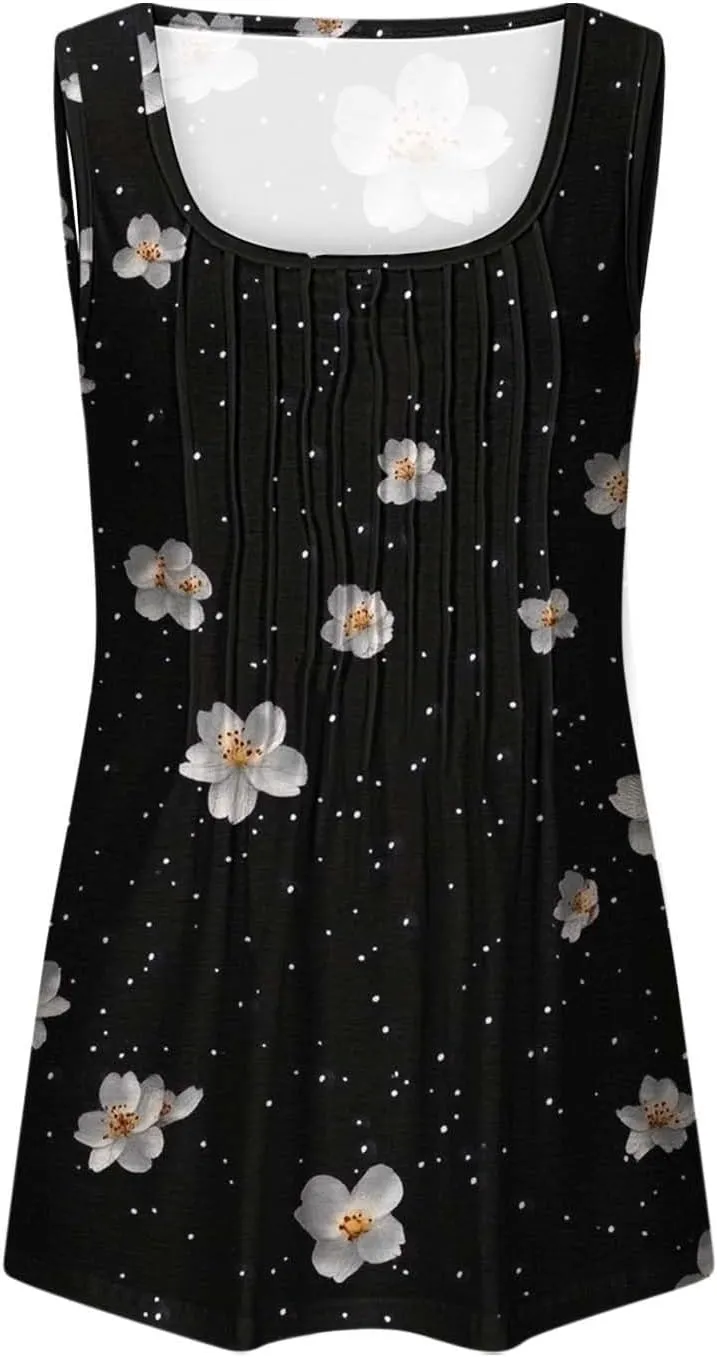 2025 Women's Summer Tank Tops Dressy Casual Sleeveless Holiday Shirts Loose Fit Pleated Front Plus Size Tunic Blouses