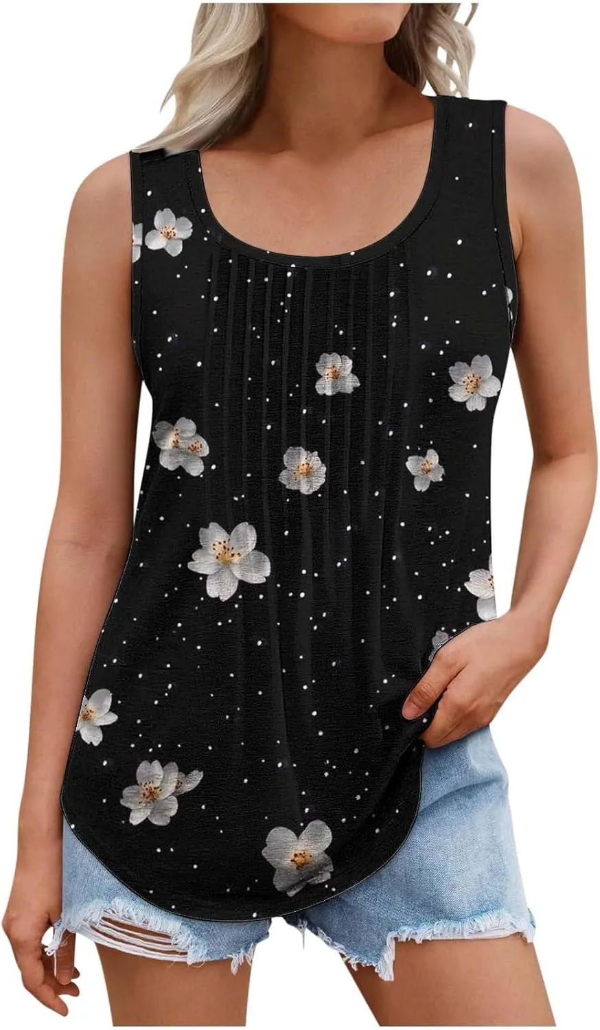 2025 Women's Summer Tank Tops Dressy Casual Sleeveless Holiday Shirts Loose Fit Pleated Front Plus Size Tunic Blouses