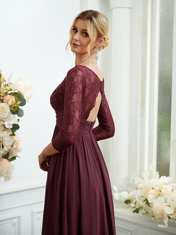 A-Line/Princess Chiffon Lace V-neck Long Sleeves Floor-Length Bridesmaid Dresses