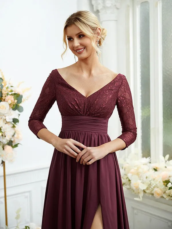 A-Line/Princess Chiffon Lace V-neck Long Sleeves Floor-Length Bridesmaid Dresses