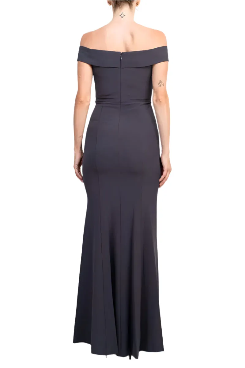 Aidan Mattox Off-Shoulder Crossed Front Zipper Back Mermaid Solid Crepe Dress