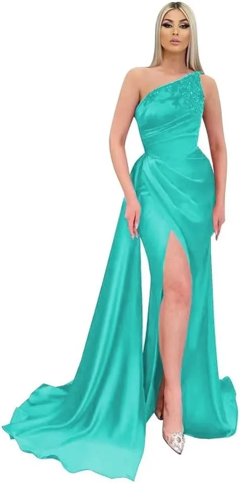 Appliques Mermaid Bridesmaid Dresses One Shoulder Prom Dress for Women Bodycon Formal Evening Gown with Slit