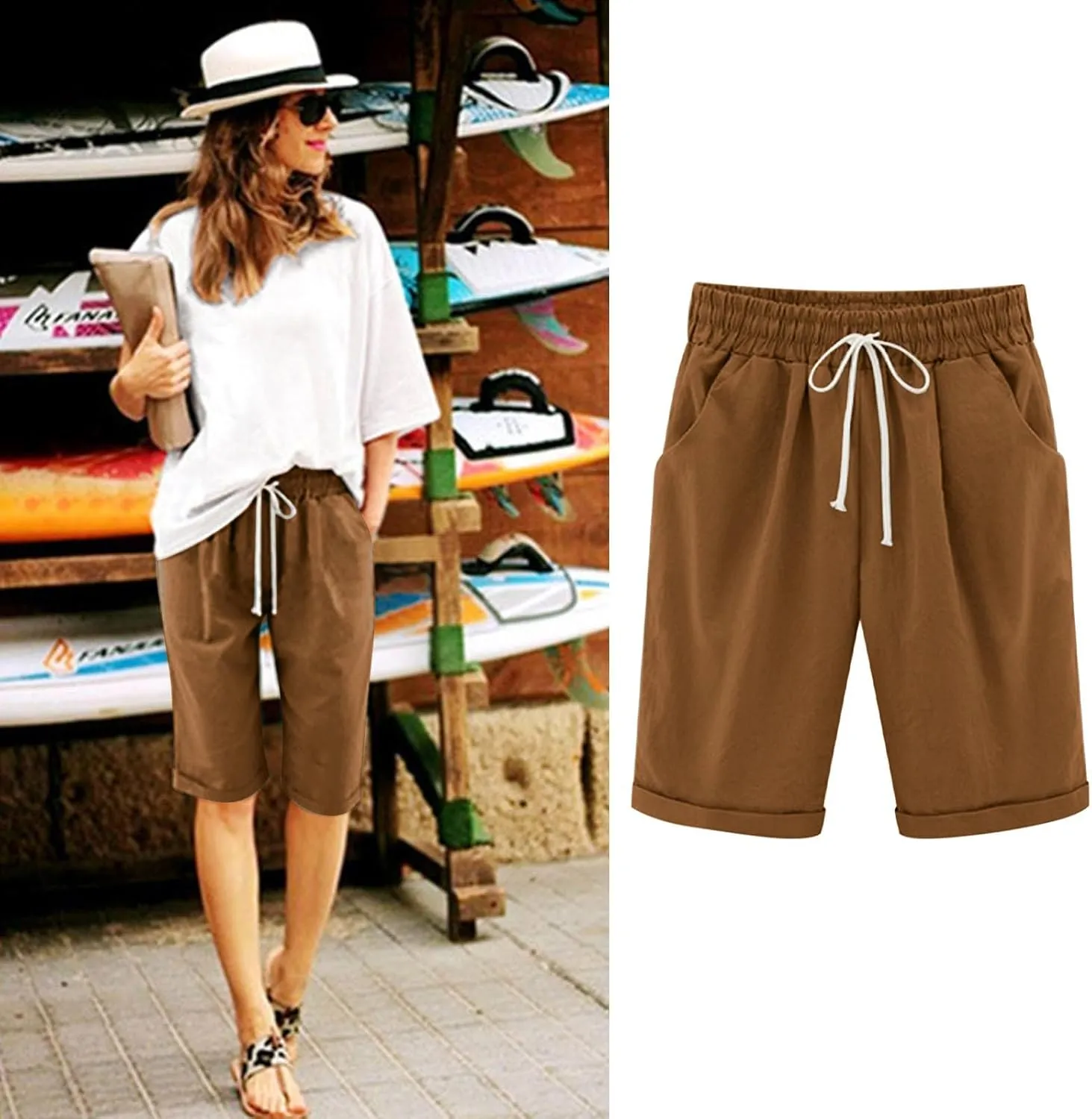 Bermuda Shorts for Women Knee Length Plus Size Elastic Waist Drawstring Longer Short Summer Comfy Beach Outfits 2025