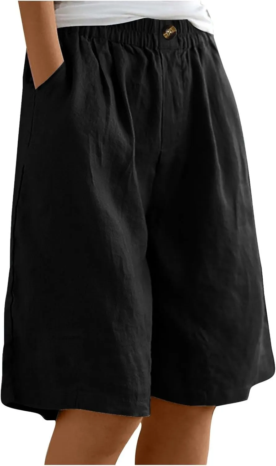 Bermuda Shorts for Women Knee Length Plus Size Linen Summer Long Shorts Casual Loose High Waisted Short with Pockets