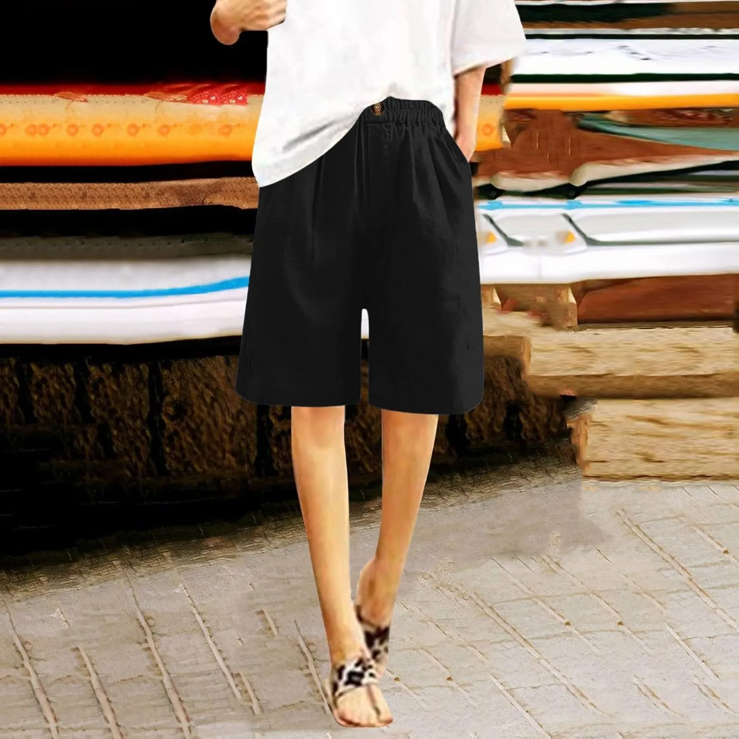 Bermuda Shorts for Women Knee Length Plus Size Linen Summer Long Shorts Casual Loose High Waisted Short with Pockets