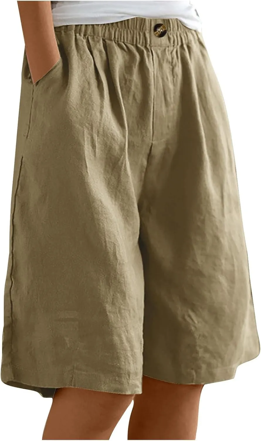 Bermuda Shorts for Women Knee Length Plus Size Linen Summer Long Shorts Casual Loose High Waisted Short with Pockets