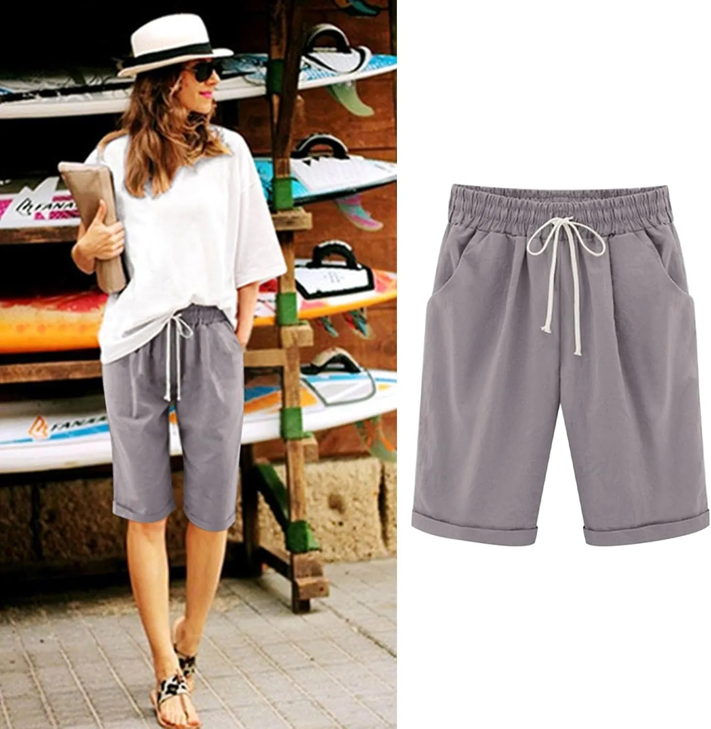 Bermuda Shorts for Women Knee Length Summer Casual Drawstring High Elastic Waist Beach Short with Pockets