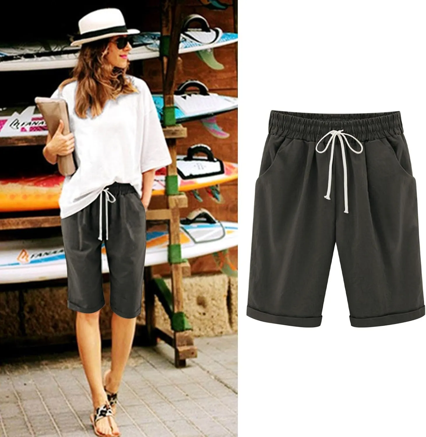 Bermuda Shorts for Women Knee Length Summer Casual Drawstring High Elastic Waist Beach Short with Pockets