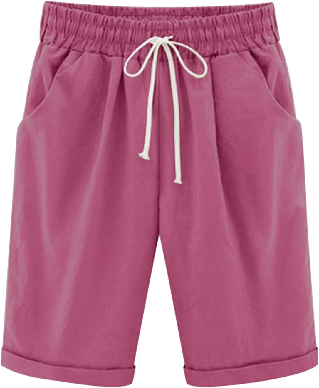Bermuda Shorts for Women Knee Length Summer Casual Drawstring High Elastic Waist Beach Short with Pockets