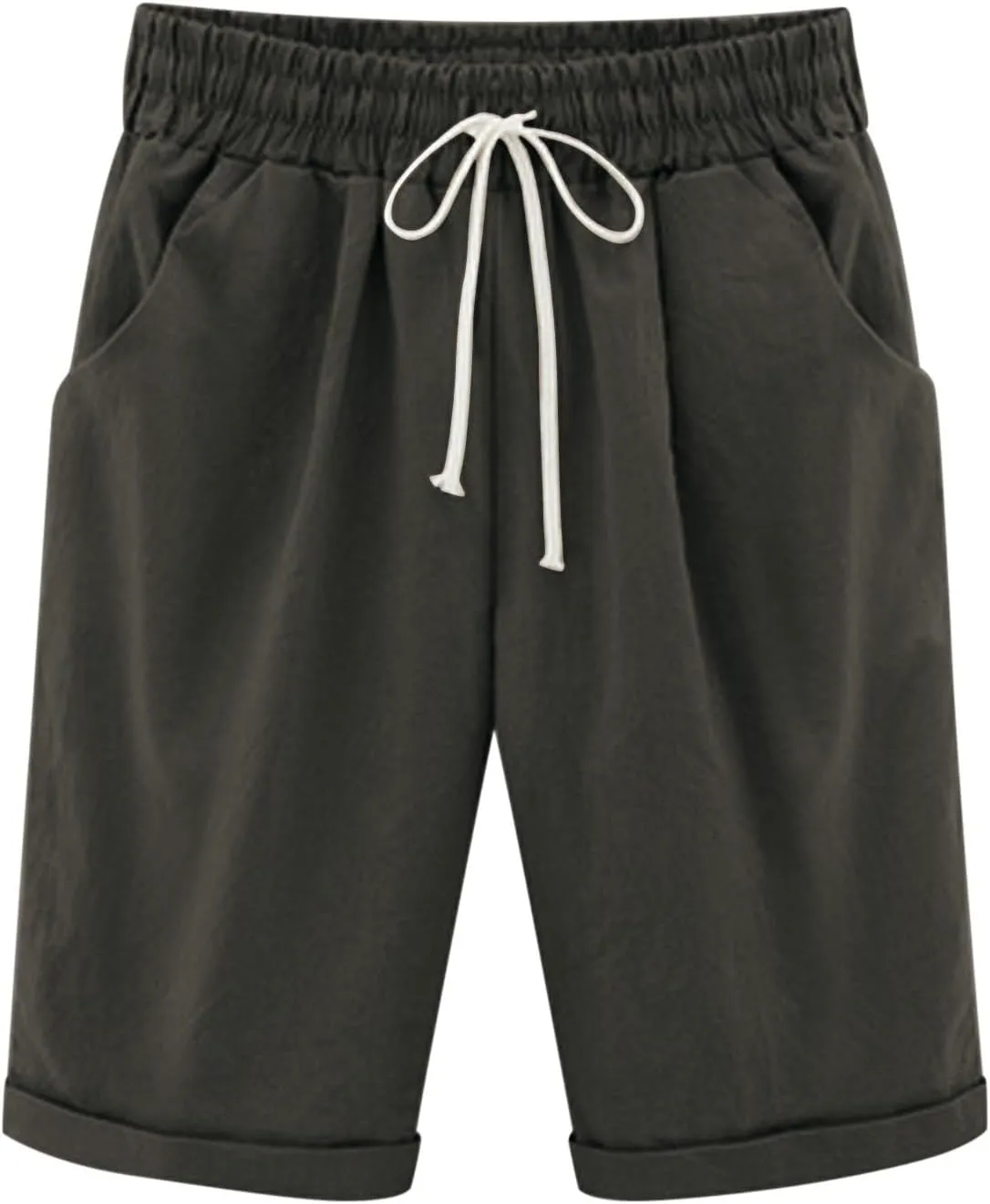 Bermuda Shorts for Women Knee Length Summer Casual Drawstring High Elastic Waist Beach Short with Pockets