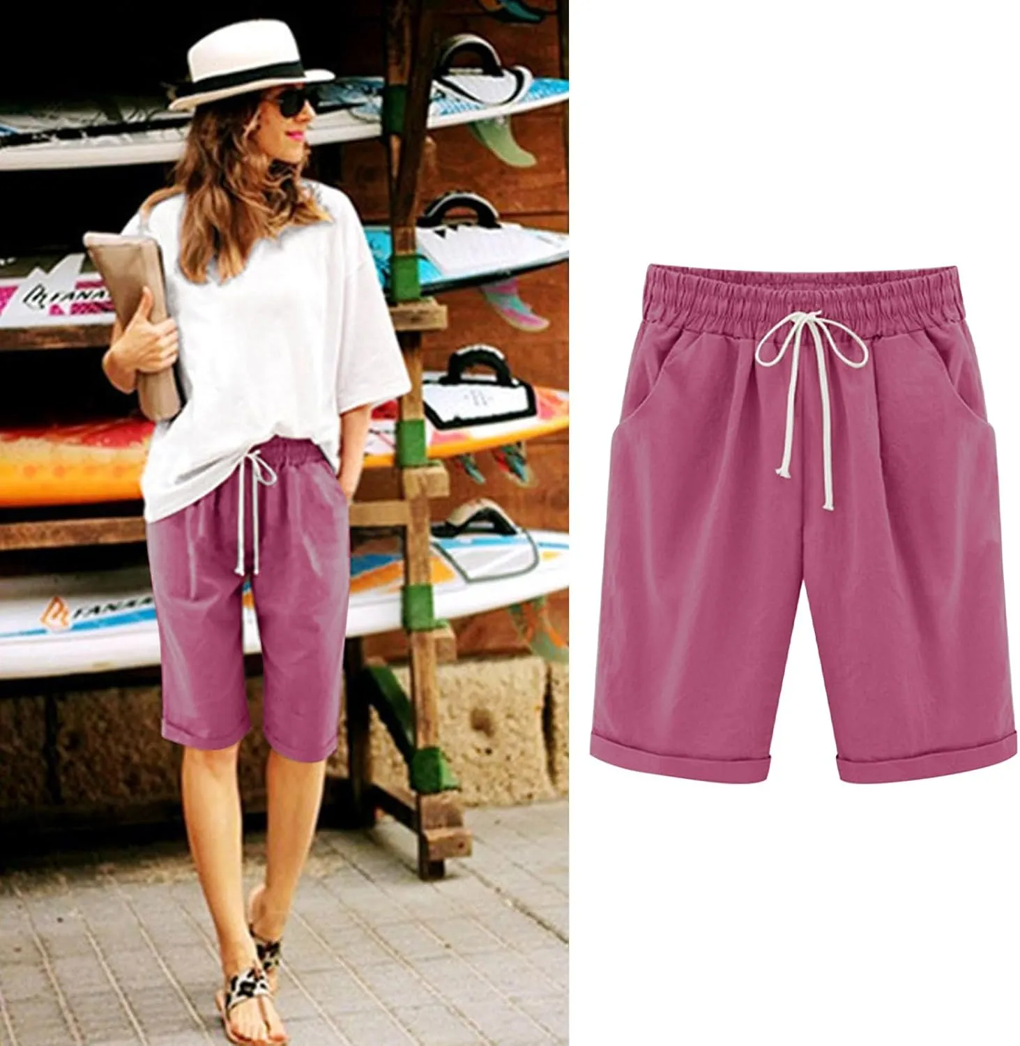 Bermuda Shorts for Women Knee Length Summer Casual Drawstring High Elastic Waist Beach Short with Pockets