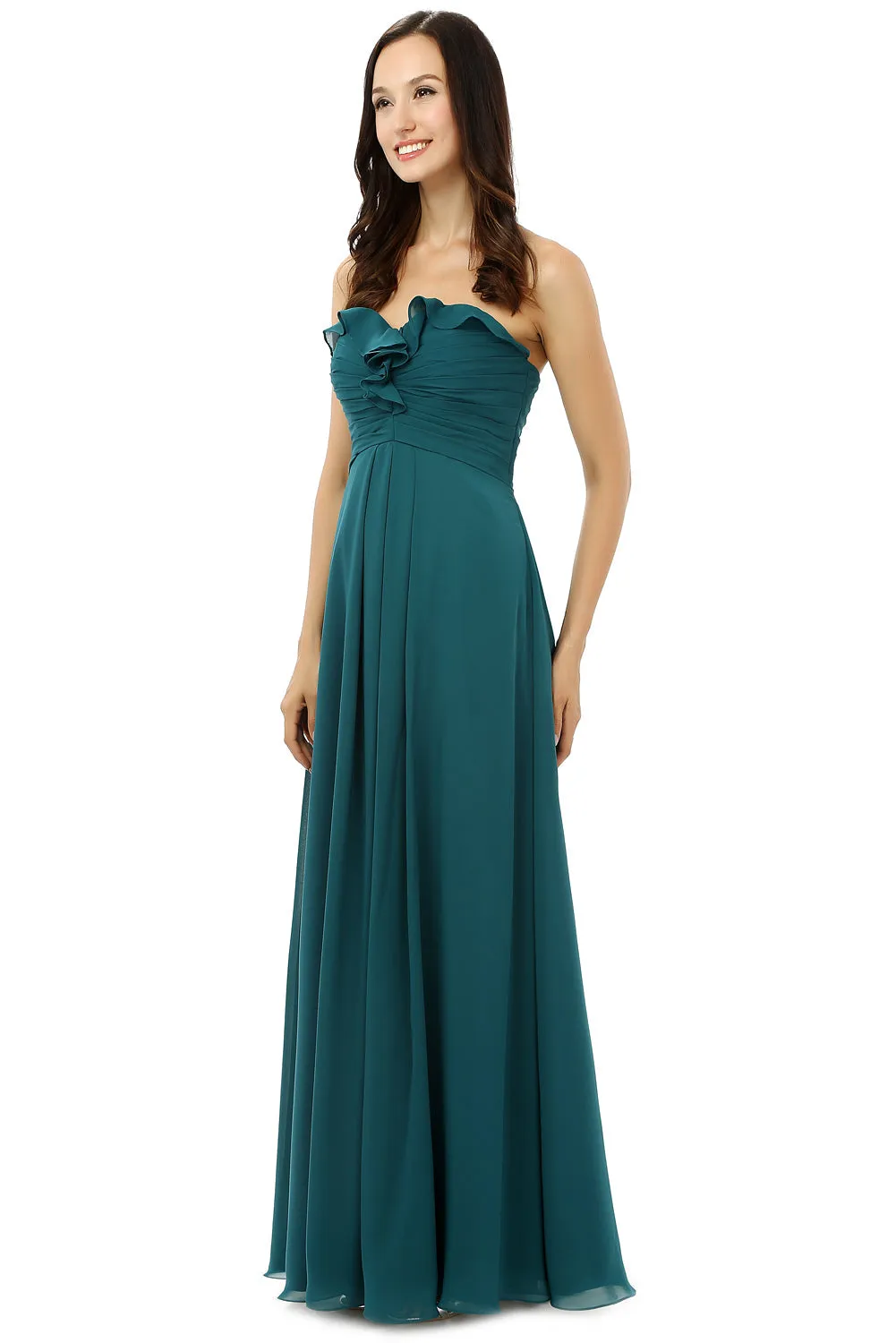 Chiffon Hunter Green Sweatheart Neck Long Bridesmaid Dresses