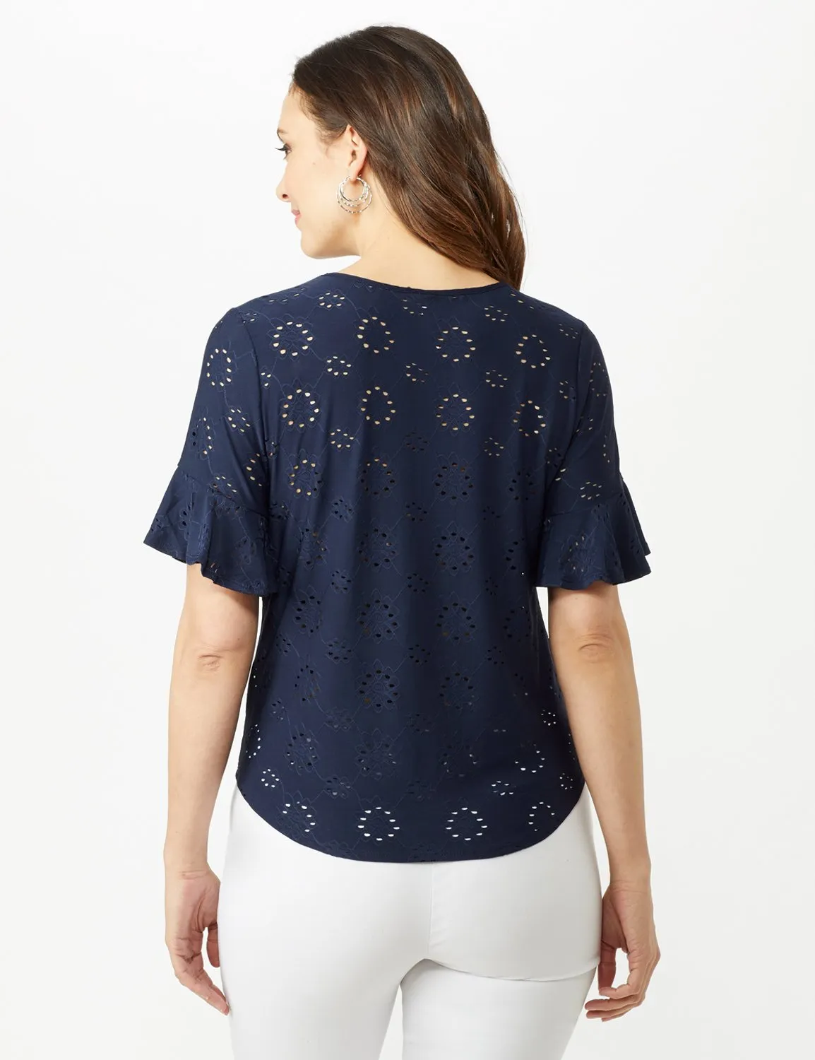 Eyelet Flounce Sleeve Tie Front