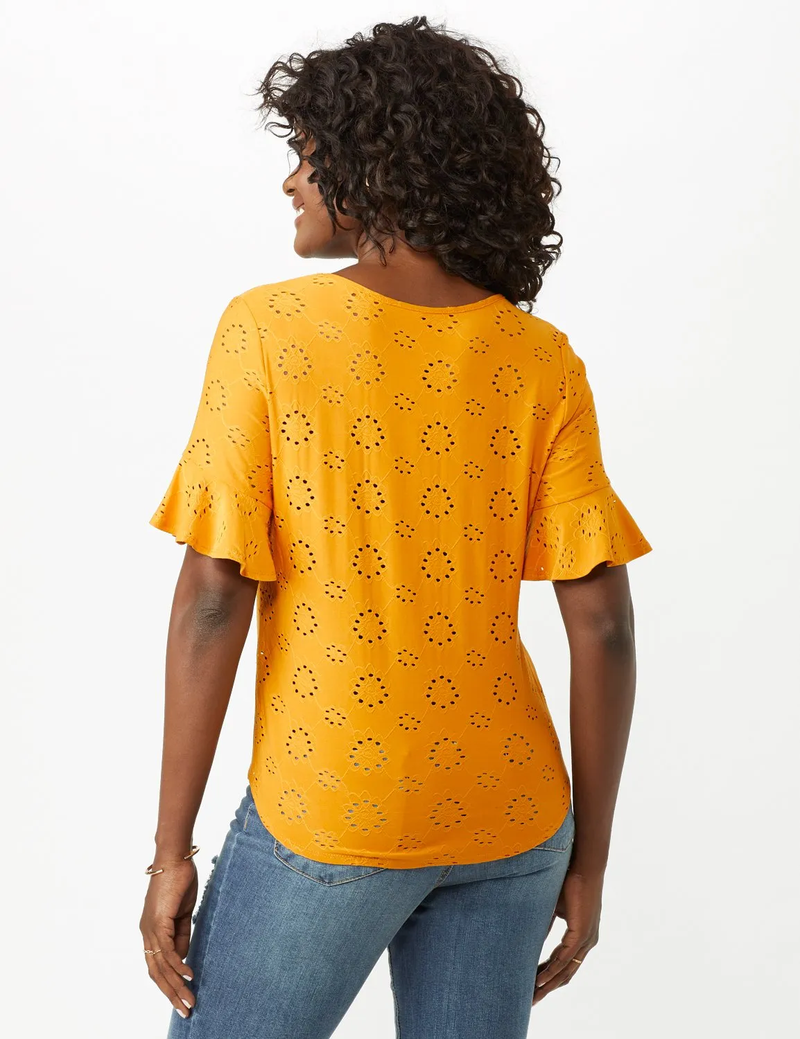 Eyelet Flounce Sleeve Tie Front