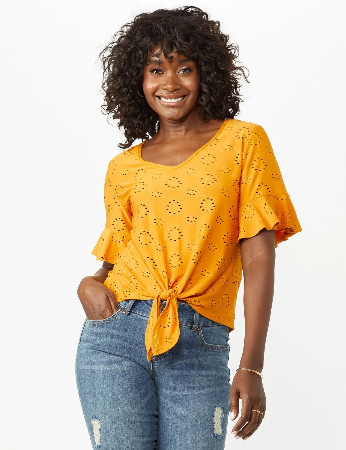 Eyelet Flounce Sleeve Tie Front