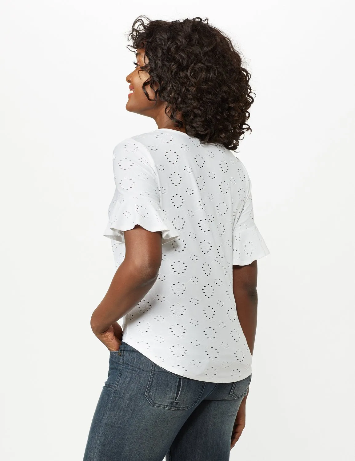 Eyelet Flounce Sleeve Tie Front