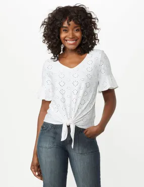 Eyelet Flounce Sleeve Tie Front
