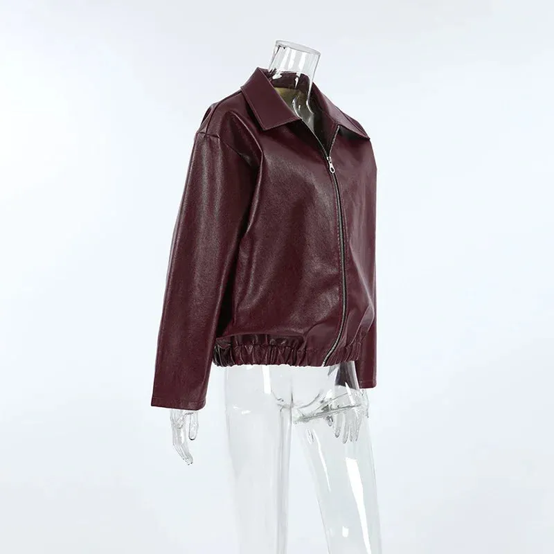 Fashion Lapel Leather Bomber Jacket Women Loose Zipper Long Sleeves Locomotive Coat 2024 Autumn New Lady High Street Outerwear