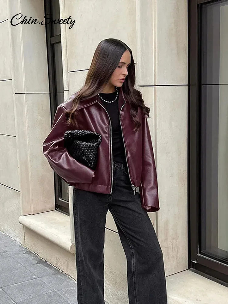 Fashion Lapel Leather Bomber Jacket Women Loose Zipper Long Sleeves Locomotive Coat 2024 Autumn New Lady High Street Outerwear