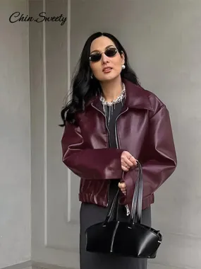 Fashion Lapel Leather Bomber Jacket Women Loose Zipper Long Sleeves Locomotive Coat 2024 Autumn New Lady High Street Outerwear