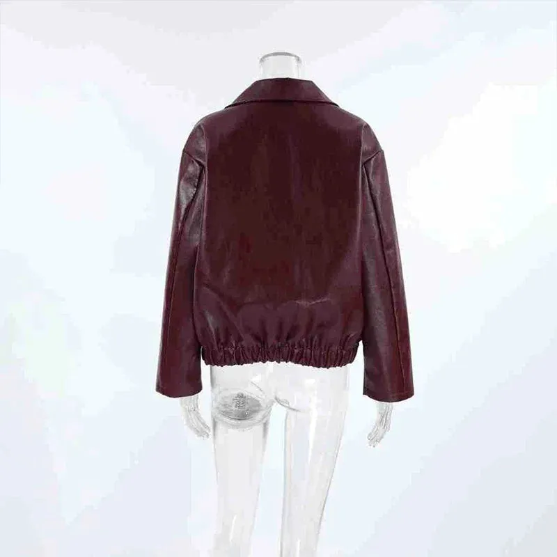 Fashion Lapel Leather Bomber Jacket Women Loose Zipper Long Sleeves Locomotive Coat 2024 Autumn New Lady High Street Outerwear