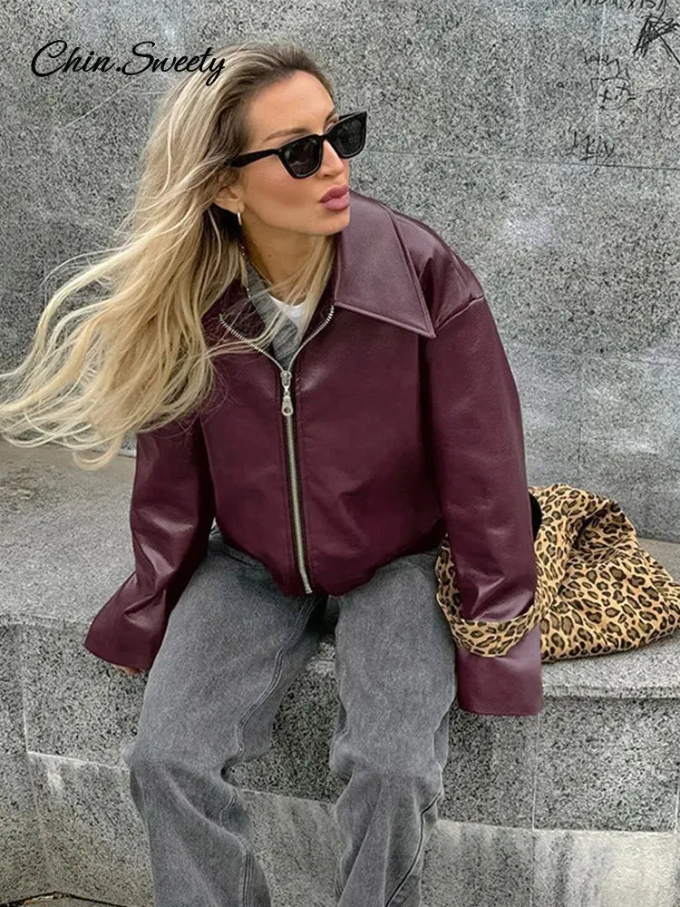 Fashion Lapel Leather Bomber Jacket Women Loose Zipper Long Sleeves Locomotive Coat 2024 Autumn New Lady High Street Outerwear