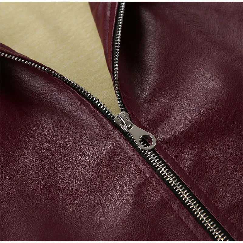 Fashion Lapel Leather Bomber Jacket Women Loose Zipper Long Sleeves Locomotive Coat 2024 Autumn New Lady High Street Outerwear