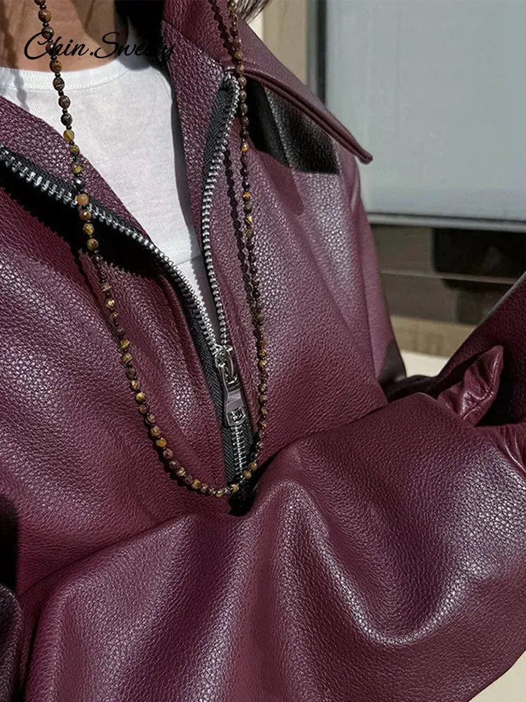 Fashion Lapel Leather Bomber Jacket Women Loose Zipper Long Sleeves Locomotive Coat 2024 Autumn New Lady High Street Outerwear