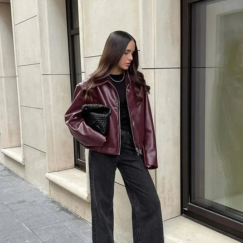Fashion Lapel Leather Bomber Jacket Women Loose Zipper Long Sleeves Locomotive Coat 2024 Autumn New Lady High Street Outerwear