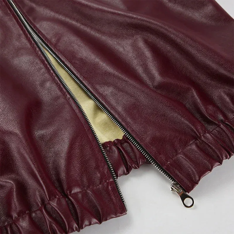 Fashion Lapel Leather Bomber Jacket Women Loose Zipper Long Sleeves Locomotive Coat 2024 Autumn New Lady High Street Outerwear