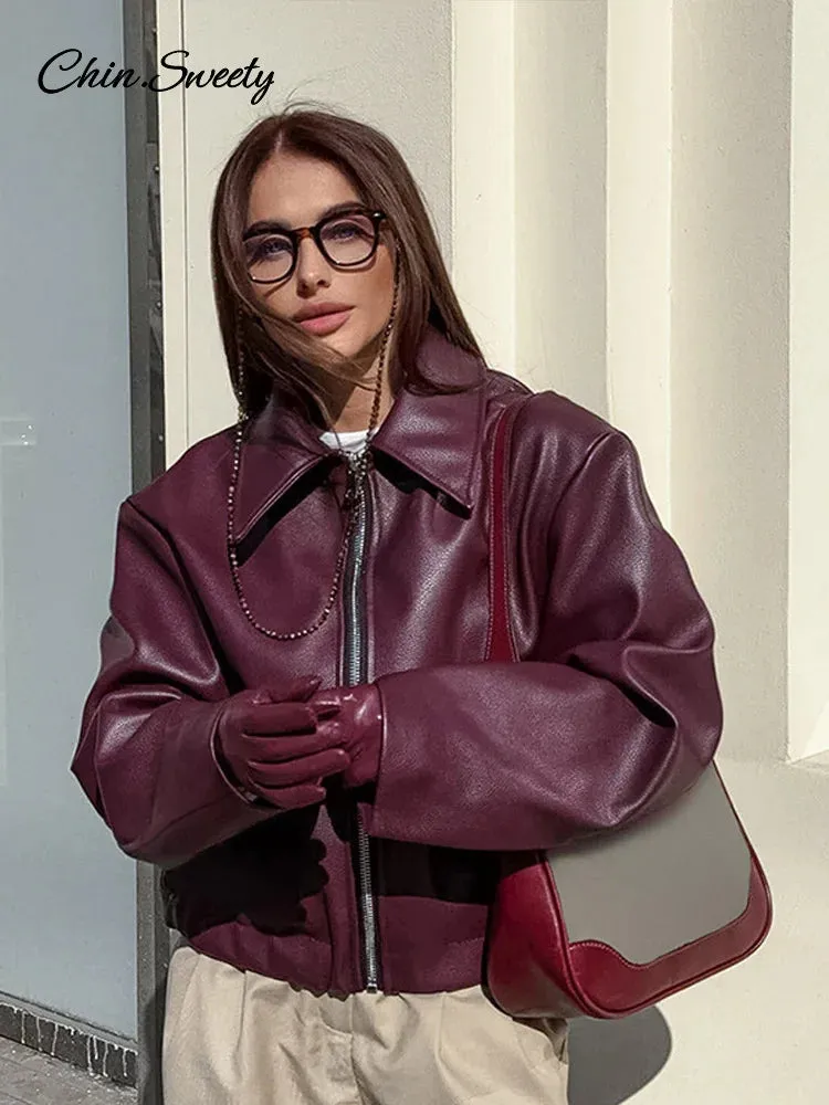 Fashion Lapel Leather Bomber Jacket Women Loose Zipper Long Sleeves Locomotive Coat 2024 Autumn New Lady High Street Outerwear