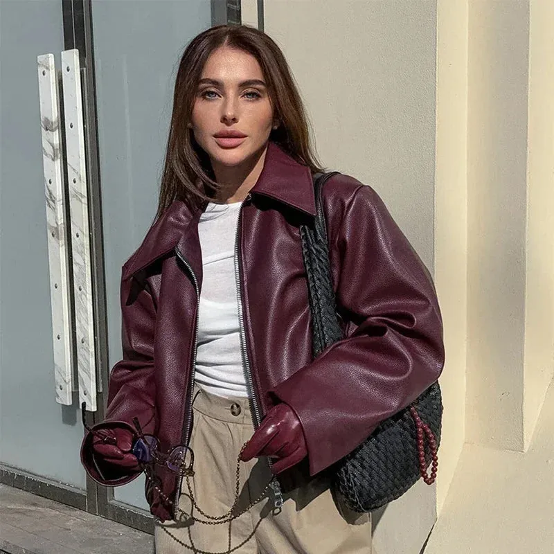 Fashion Lapel Leather Bomber Jacket Women Loose Zipper Long Sleeves Locomotive Coat 2024 Autumn New Lady High Street Outerwear