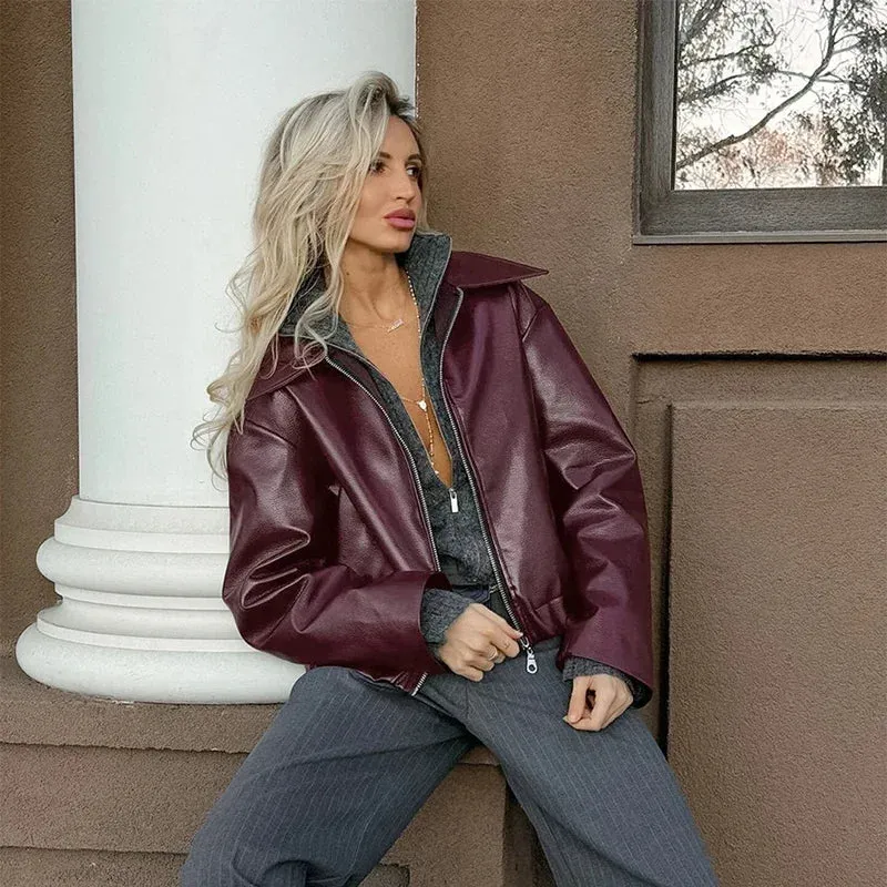Fashion Lapel Leather Bomber Jacket Women Loose Zipper Long Sleeves Locomotive Coat 2024 Autumn New Lady High Street Outerwear