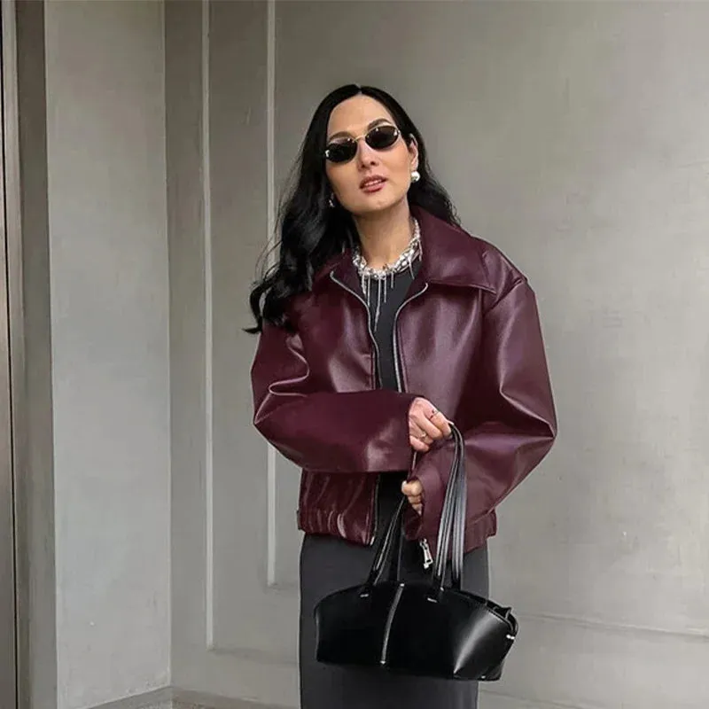 Fashion Lapel Leather Bomber Jacket Women Loose Zipper Long Sleeves Locomotive Coat 2024 Autumn New Lady High Street Outerwear