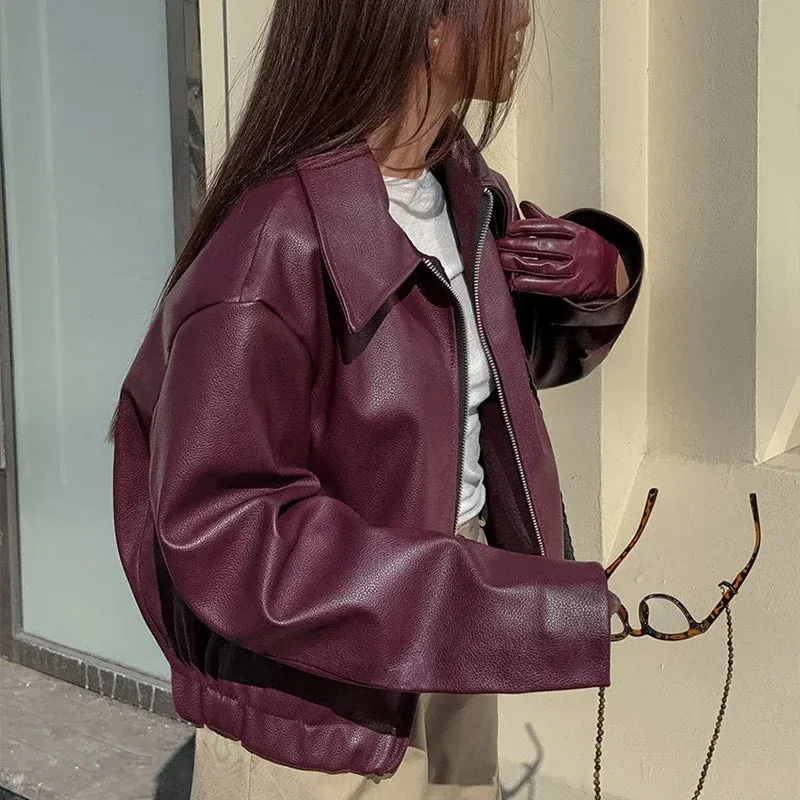 Fashion Lapel Leather Bomber Jacket Women Loose Zipper Long Sleeves Locomotive Coat 2024 Autumn New Lady High Street Outerwear