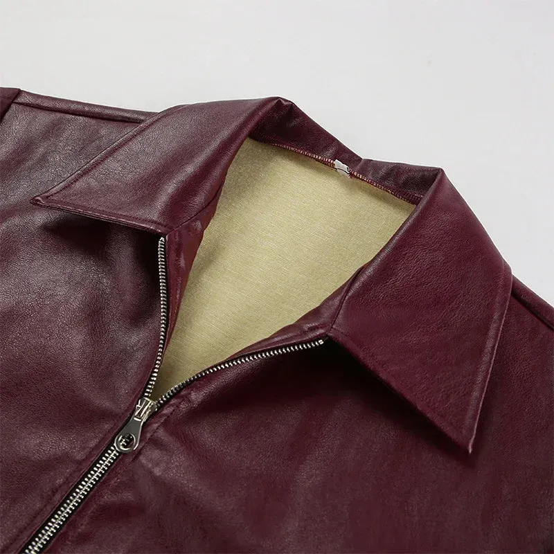 Fashion Lapel Leather Bomber Jacket Women Loose Zipper Long Sleeves Locomotive Coat 2024 Autumn New Lady High Street Outerwear