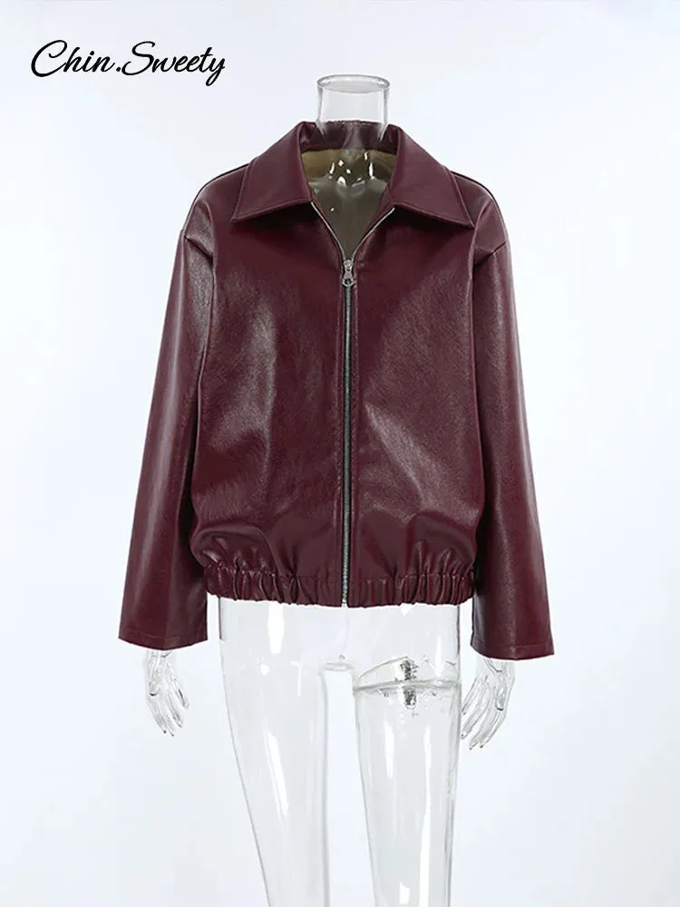 Fashion Lapel Leather Bomber Jacket Women Loose Zipper Long Sleeves Locomotive Coat 2024 Autumn New Lady High Street Outerwear