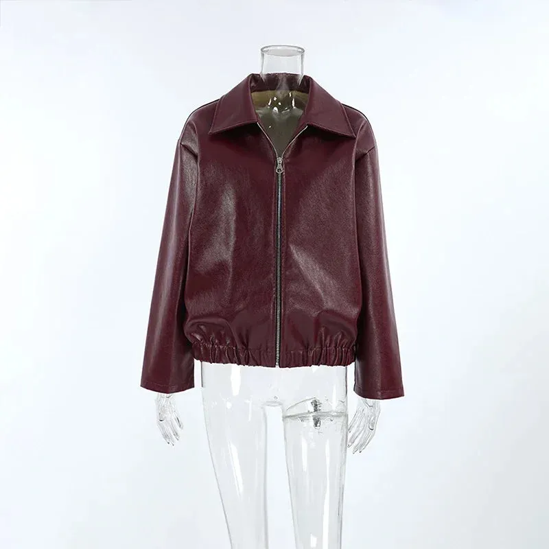 Fashion Lapel Leather Bomber Jacket Women Loose Zipper Long Sleeves Locomotive Coat 2024 Autumn New Lady High Street Outerwear