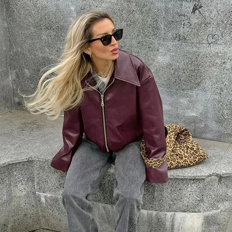 Fashion Lapel Leather Bomber Jacket Women Loose Zipper Long Sleeves Locomotive Coat 2024 Autumn New Lady High Street Outerwear