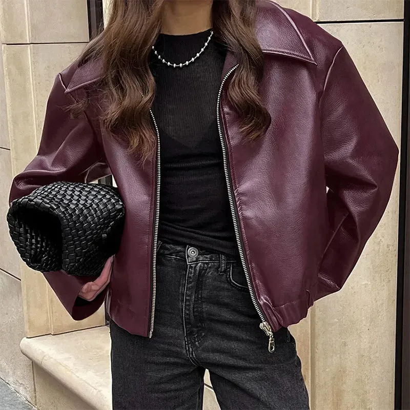 Fashion Lapel Leather Bomber Jacket Women Loose Zipper Long Sleeves Locomotive Coat 2024 Autumn New Lady High Street Outerwear