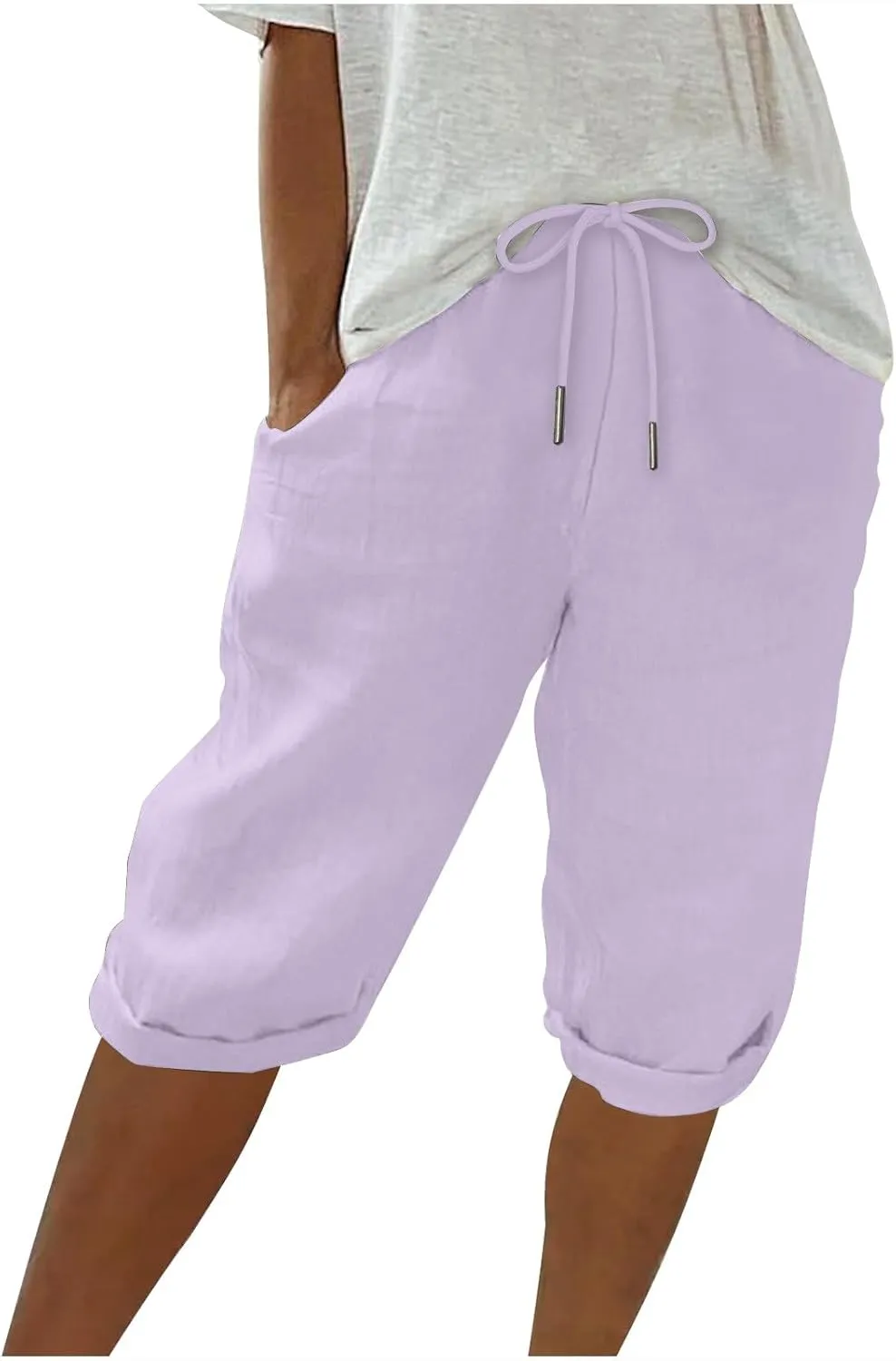 Gcvizuso Linen Shorts for Women Summer Casual Solid Pants High Waisted Drawstring Short 2024 Beach Bermuda Capris Pants