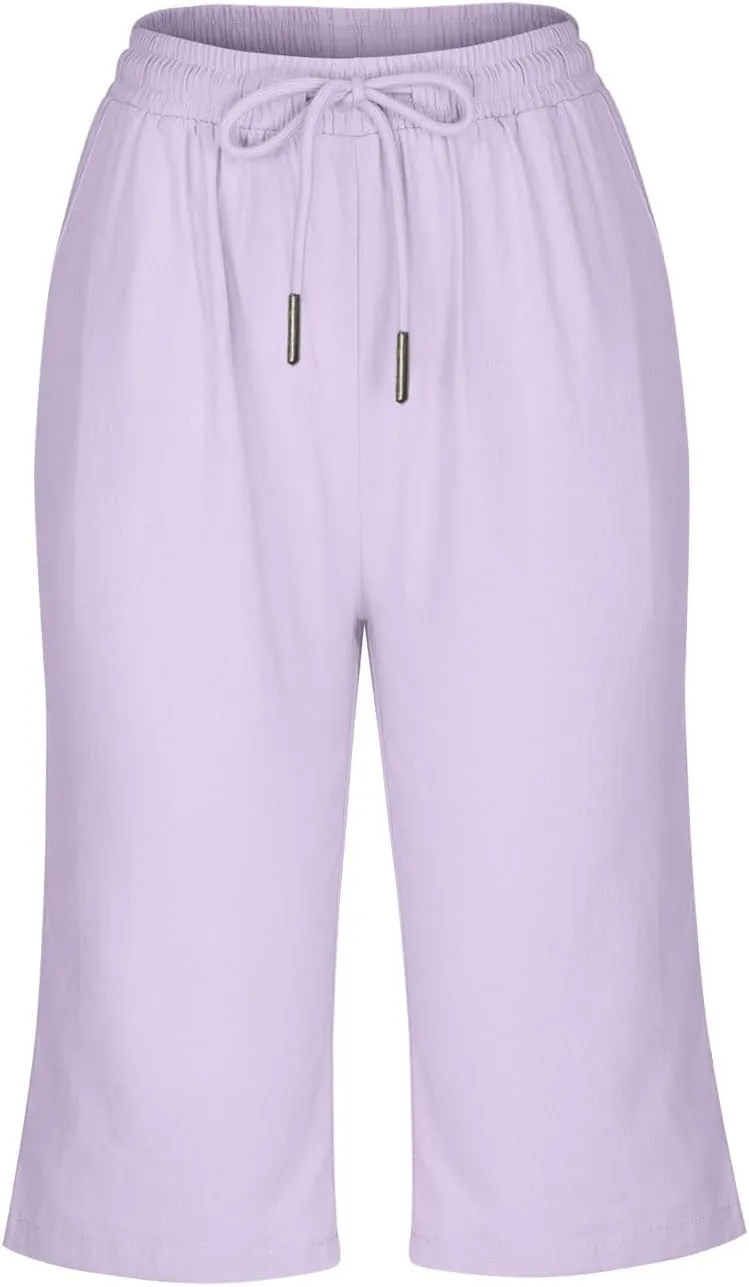 Gcvizuso Linen Shorts for Women Summer Casual Solid Pants High Waisted Drawstring Short 2024 Beach Bermuda Capris Pants