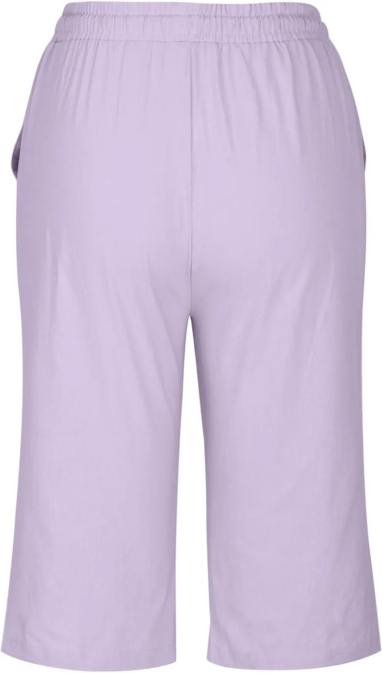Gcvizuso Linen Shorts for Women Summer Casual Solid Pants High Waisted Drawstring Short 2024 Beach Bermuda Capris Pants