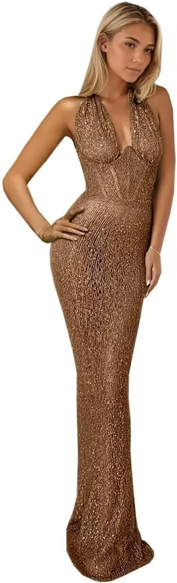 Halter Sparkly Prom Dresses 2024 Deep V Neck Mermaid Sequin Backless Evening Formal Cocktail Party Gowns DR0495
